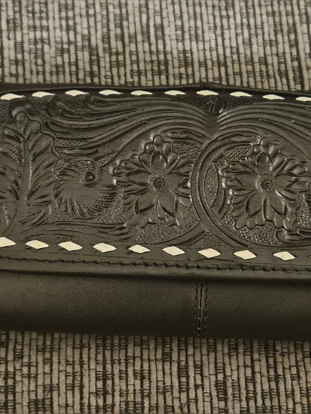 Black Genuine Leather Hand Tooled Wallet With White Stitching